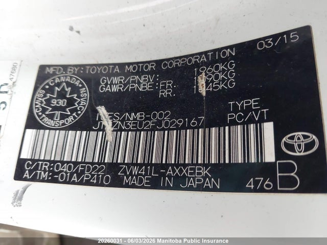 20260031 :رقم المزاد ، JTDZN3EU2FJ029167 vin ، 2015 Toyota Prius V مزاد بيع