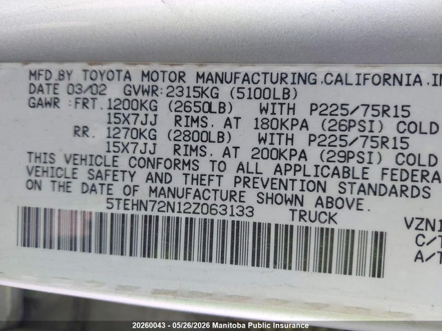 Auction sale of the 2002 Toyota Tacoma Double Cab V6, vin: 5TEHN72N12Z063133, lot number: 20260043