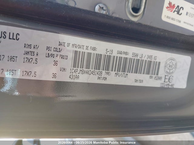 20260064 :رقم المزاد ، 1C4PJMBX4KD451439 vin ، 2019 Jeep Cherokee Trailhawk مزاد بيع