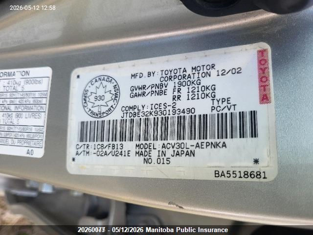 Auction sale of the 2003 Toyota Camry Le, vin: JTDBE32K930193490, lot number: 20260077