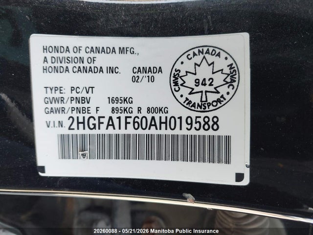 Aukcja sprzedaży 2010 Honda Civic Sport, vin: 2HGFA1F60AH019588, numer aukcji: 20260088