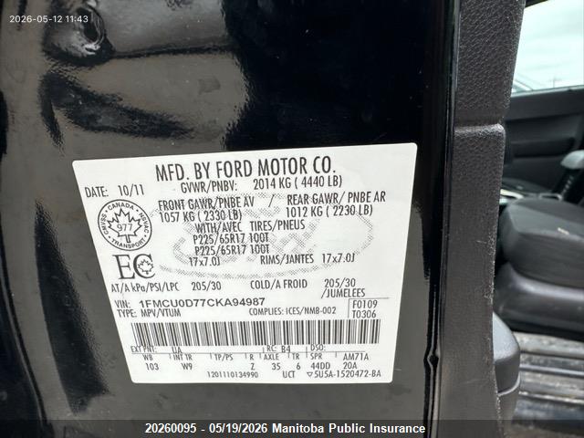 Aukcja sprzedaży 2012 Ford Escape Xlt, vin: 1FMCU0D77CKA94987, numer aukcji: 20260095