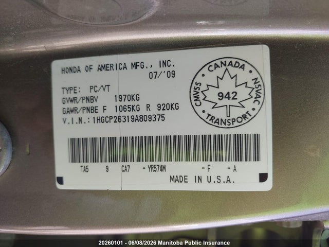 20260101 :رقم المزاد ، 1HGCP26319A809375 vin ، 2009 Honda Accord Lx مزاد بيع