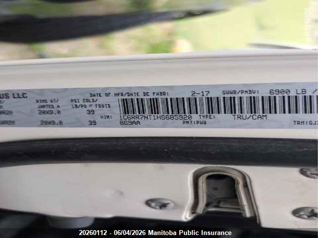 Продаж на аукціоні авто 2017 Dodge Ram 1500 Laramie Crew Cab, vin: 1C6RR7NT1HS685920, номер лоту: 20260112