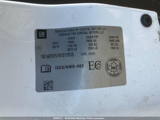 2010 Chevrolet Cobalt Lt მანქანა იყიდება აუქციონზე, vin: 1G1AF5F57A7217615, აუქციონის ნომერი: 20260123