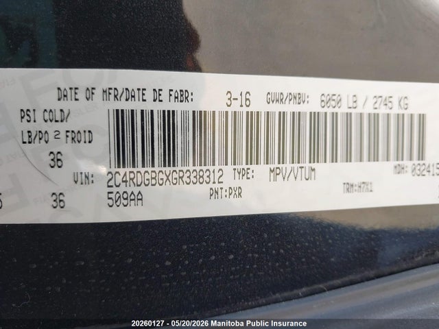 2016 Dodge Grand Caravan Sxt მანქანა იყიდება აუქციონზე, vin: 2C4RDGBGXGR338312, აუქციონის ნომერი: 20260127