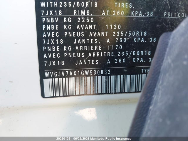 20260133 :رقم المزاد ، WVGJV7AX1GW530832 vin ، 2016 Volkswagen Tiguan 2.0 Tsi مزاد بيع