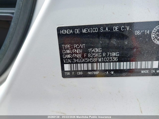 20260138 :رقم المزاد ، 3HGGK5H58FM102336 vin ، 2015 Honda Fit Lx مزاد بيع