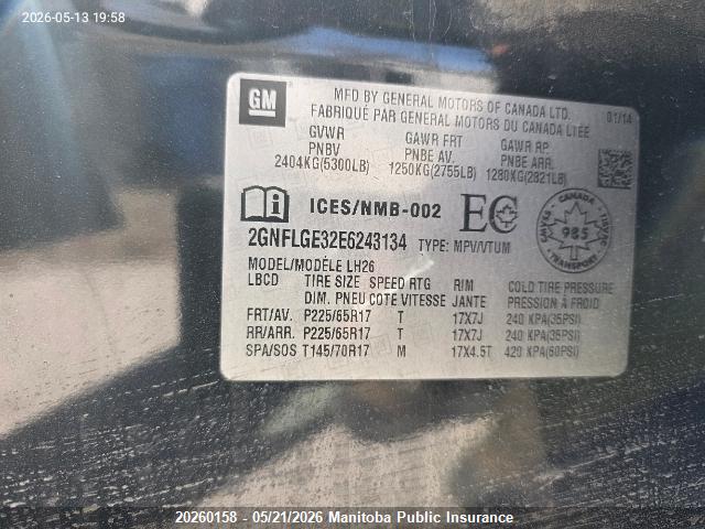 20260158 :رقم المزاد ، 2GNFLGE32E6243134 vin ، 2014 Chevrolet Equinox Lt V6 مزاد بيع