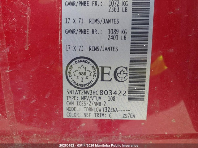 5N1AT2MV3HC803422 Nissan ROGUE SV