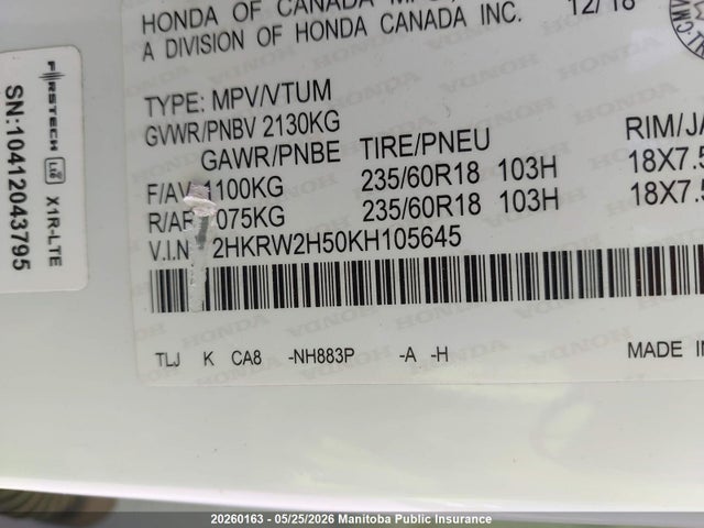 Aukcja sprzedaży 2019 Honda Cr-v Ex, vin: 2HKRW2H50KH105645, numer aukcji: 20260163