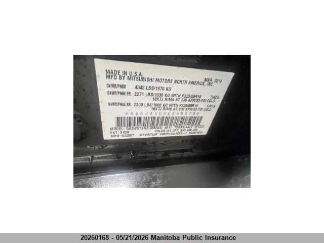 20260168 :رقم المزاد ، 4A4AJ4AU8EE605798 vin ، 2014 Mitsubishi Rvr Gt مزاد بيع