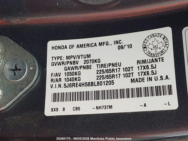 Продажа на аукционе авто 2011 Honda Cr-v Ex, vin: 5J6RE4H56BL801205, номер лота: 20260170