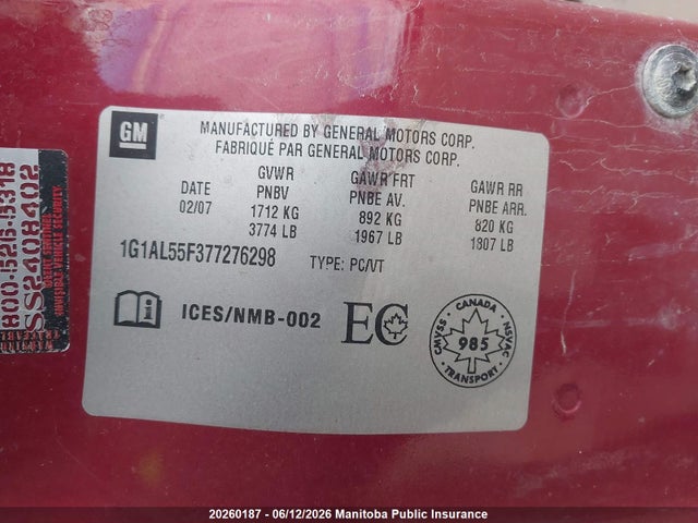 Продаж на аукціоні авто 2007 Chevrolet Cobalt Lt, vin: 1G1AL55F377276298, номер лоту: 20260187