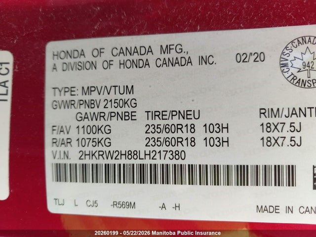 2HKRW2H88LH217380 Honda Cr-v Ex-l