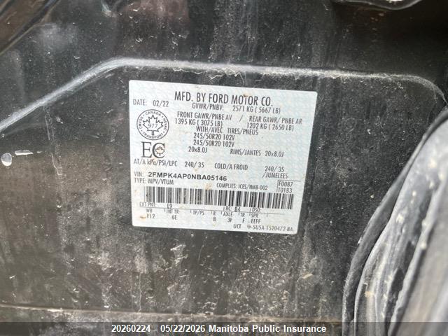 20260224 :رقم المزاد ، 2FMPK4AP0NBA05146 vin ، 2022 Ford Edge St مزاد بيع