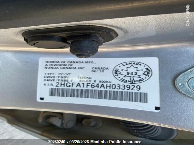 20260240 :رقم المزاد ، 2HGFA1F64AH033929 vin ، 2010 Honda Civic Sport مزاد بيع