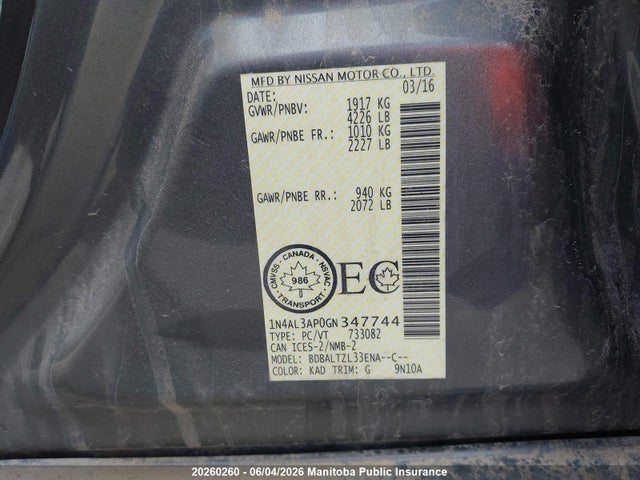 2016 Nissan Altima 2.5 Sl მანქანა იყიდება აუქციონზე, vin: 1N4AL3AP0GN347744, აუქციონის ნომერი: 20260260