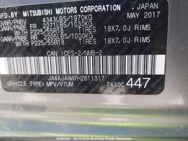 20260285 :رقم المزاد ، JA4AJ4AW7HZ611317 vin ، 2017 Mitsubishi Rvr Se مزاد بيع