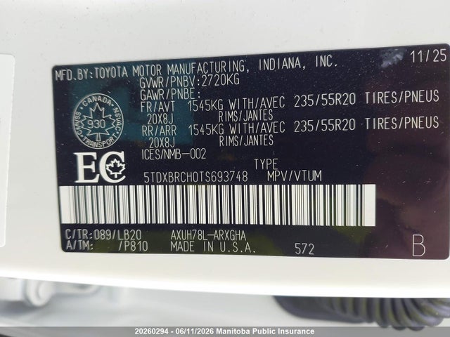 Aukcja sprzedaży 2026 Toyota Grand Highlander Limited Hev, vin: 5TDXBRCH0TS693748, numer aukcji: 20260294