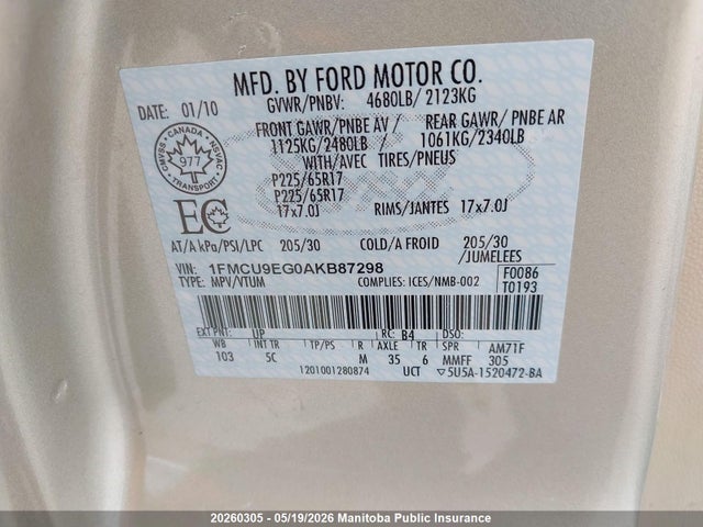 20260305 :رقم المزاد ، 1FMCU9EG0AKB87298 vin ، 2010 Ford Escape Limited V6 مزاد بيع