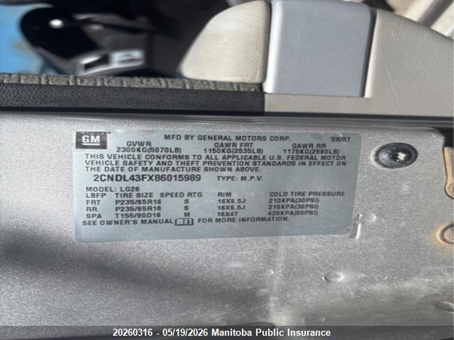 20260316 :رقم المزاد ، 2CNDL43FX86015989 vin ، 2008 Chevrolet Equinox Lt V6 مزاد بيع