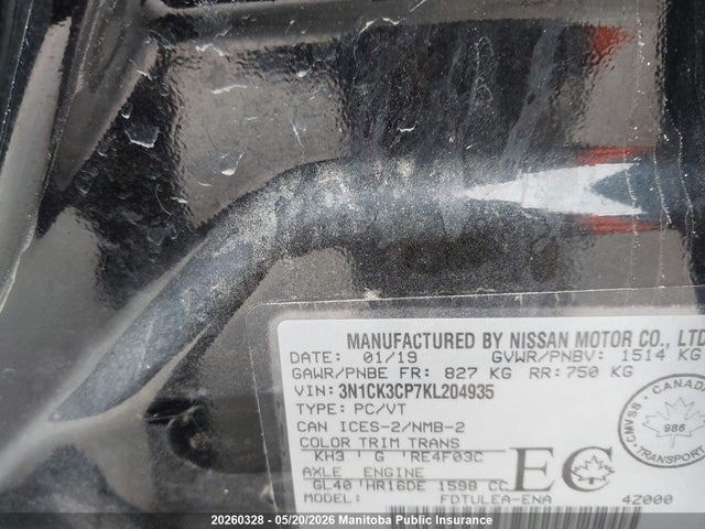 2019 Nissan Micra Sv მანქანა იყიდება აუქციონზე, vin: 3N1CK3CP7KL204935, აუქციონის ნომერი: 20260328