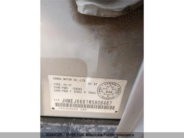 20260329 :رقم المزاد ، JHMEJ6681WS808467 vin ، 1998 Honda Civic Dx مزاد بيع