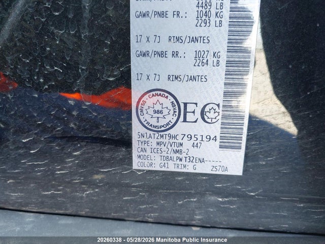 20260338 :رقم المزاد ، 5N1AT2MT9HC795194 vin ، 2017 Nissan Rogue S مزاد بيع
