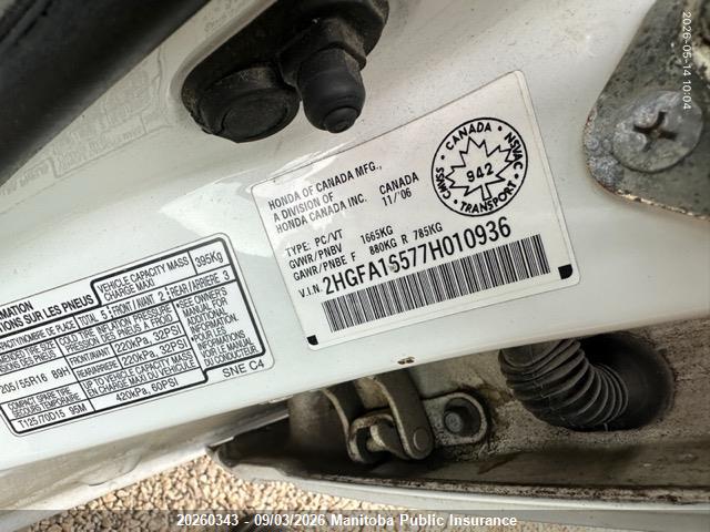 2007 Honda Civic Lx მანქანა იყიდება აუქციონზე, vin: 2HGFA16577H010936, აუქციონის ნომერი: 20260343
