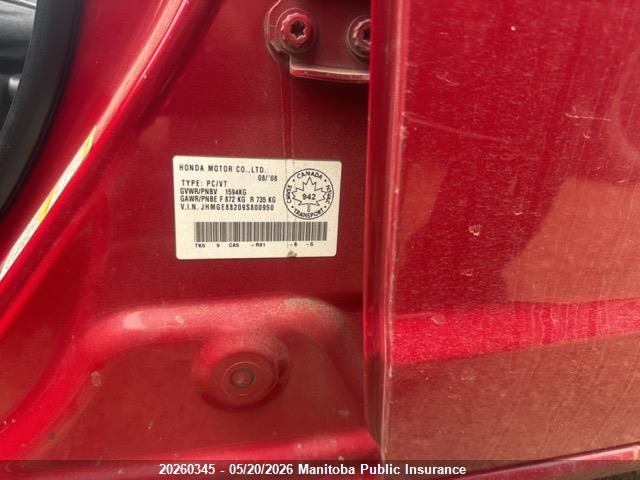 20260345 :رقم المزاد ، JHMGE88209S800950 vin ، 2009 Honda Fit Lx مزاد بيع