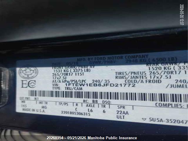 1FTEW1EB8JFD21772 Ford F150 Xlt Supercrew