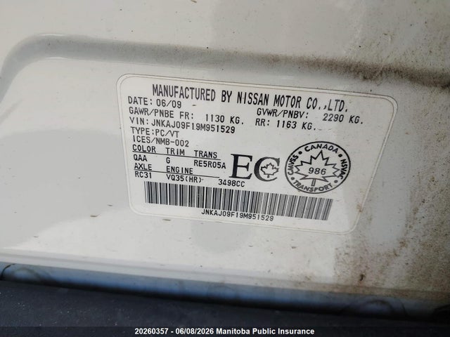 Aukcja sprzedaży 2009 Infiniti Ex35, vin: JNKAJ09F19M951529, numer aukcji: 20260357