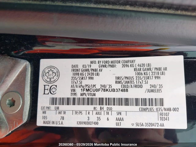 Продажа на аукционе авто 2019 Ford Escape S, vin: 1FMCU0F78KUB37488, номер лота: 20260360