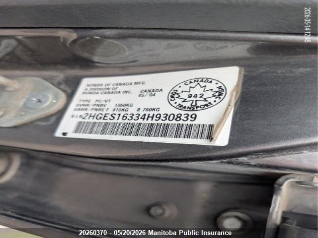 20260370 :رقم المزاد ، 2HGES16334H930839 vin ، 2004 Honda Civic Dx مزاد بيع