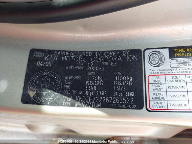 Продаж на аукціоні авто 2006 Kia Sportage Lx, vin: KNDJF722267263522, номер лоту: 20260406