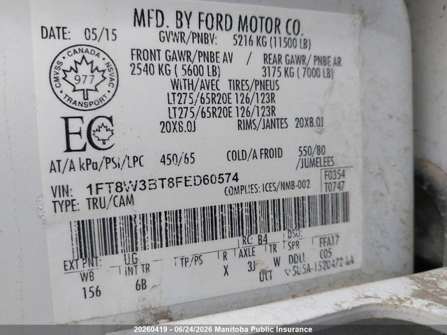 20260419 :رقم المزاد ، 1FT8W3BT8FED60574 vin ، 2015 Ford F350 Sd Lariat Crew Cab مزاد بيع