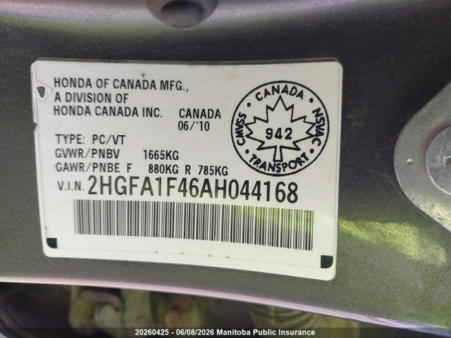 20260425 :رقم المزاد ، 2HGFA1F46AH044168 vin ، 2010 Honda Civic Ex-l مزاد بيع