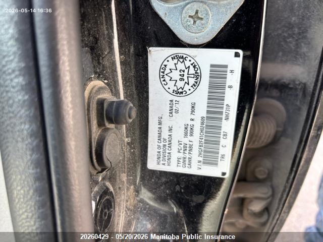 20260429 :رقم المزاد ، 2HGFB2F41CH024609 vin ، 2012 Honda Civic Lx مزاد بيع