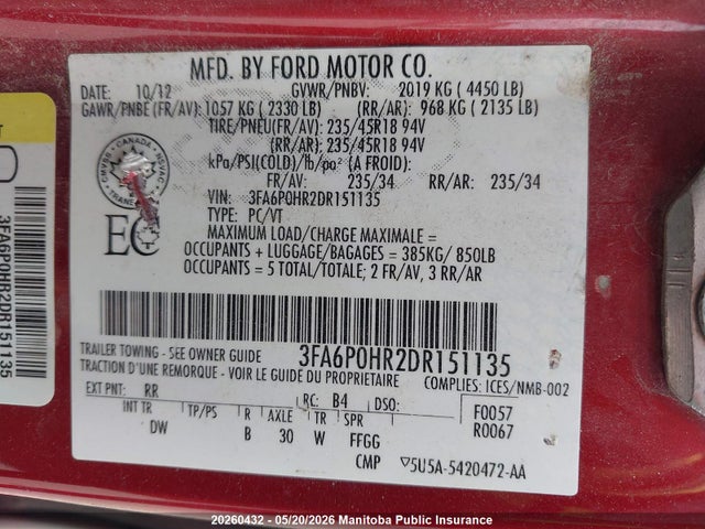 Aukcja sprzedaży 2013 Ford Fusion Se, vin: 3FA6P0HR2DR151135, numer aukcji: 20260432