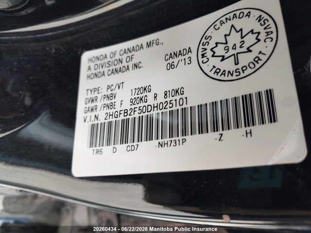 Aukcja sprzedaży 2013 Honda Civic Ex, vin: 2HGFB2F50DH025101, numer aukcji: 20260434