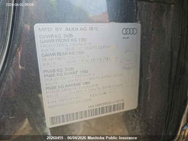 Продажа на аукционе авто 2013 Audi Q5, vin: WA1WFCFP2DA014135, номер лота: 20260455