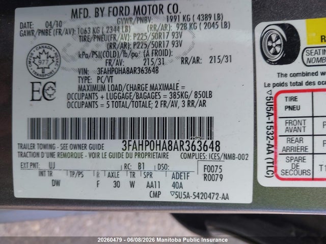 Продажа на аукционе авто 2010 Ford Fusion Se, vin: 3FAHP0HA8AR363648, номер лота: 20260479