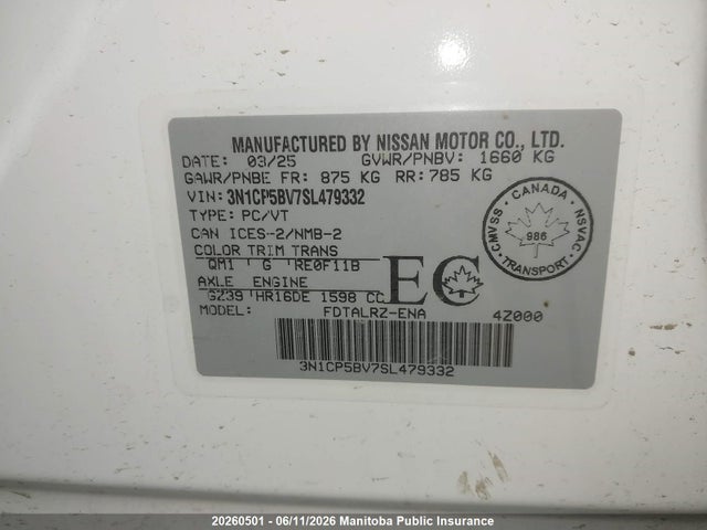 Продаж на аукціоні авто 2025 Nissan Kicks Play S, vin: 3N1CP5BV7SL479332, номер лоту: 20260501