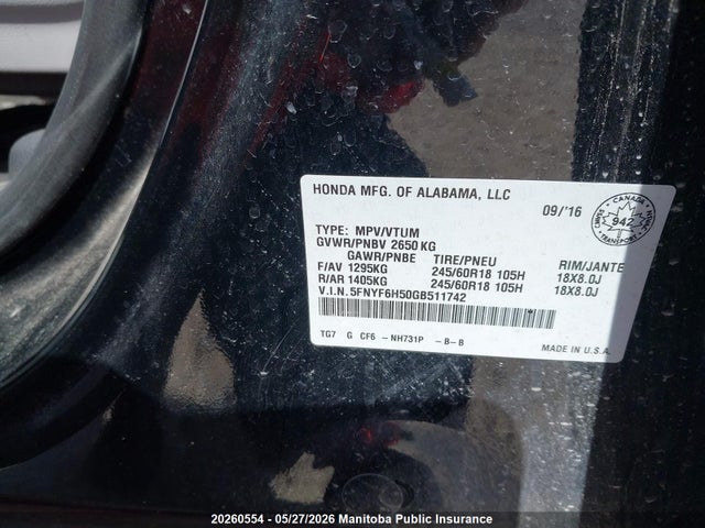 20260554 :رقم المزاد ، 5FNYF6H50GB511742 vin ، 2016 Honda Pilot Ex-l مزاد بيع