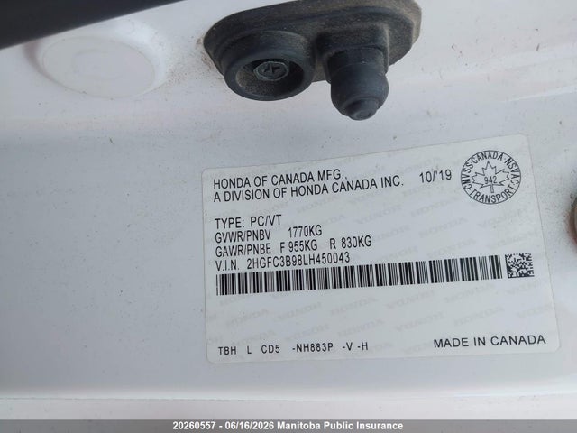 2020 Honda Civic Touring მანქანა იყიდება აუქციონზე, vin: 2HGFC3B98LH450043, აუქციონის ნომერი: 20260557