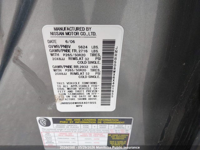 20260588 :رقم المزاد ، JNRBS08WX6X401955 vin ، 2006 Infiniti Fx45 مزاد بيع