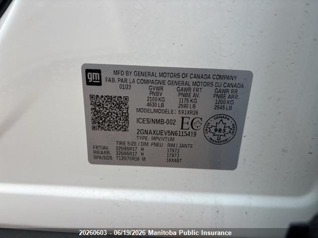 Aukcja sprzedaży 2022 Chevrolet Equinox Lt, vin: 2GNAXUEV5N6115419, numer aukcji: 20260603