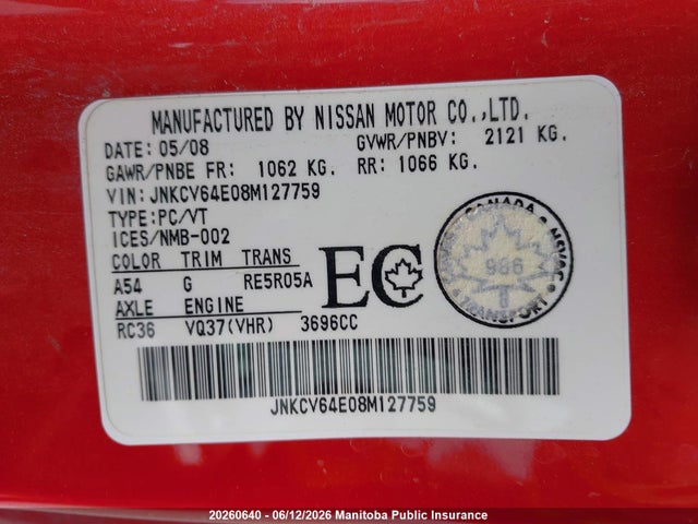 Aukcja sprzedaży 2008 Infiniti G37, vin: JNKCV64E08M127759, numer aukcji: 20260640