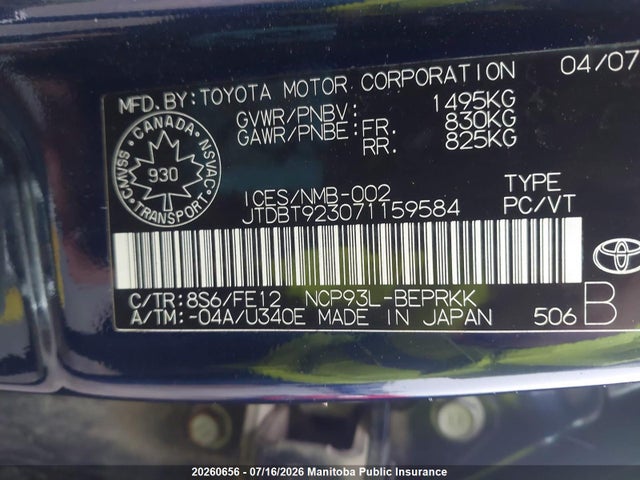 2007 Toyota Yaris მანქანა იყიდება აუქციონზე, vin: JTDBT923071159584, აუქციონის ნომერი: 20260656